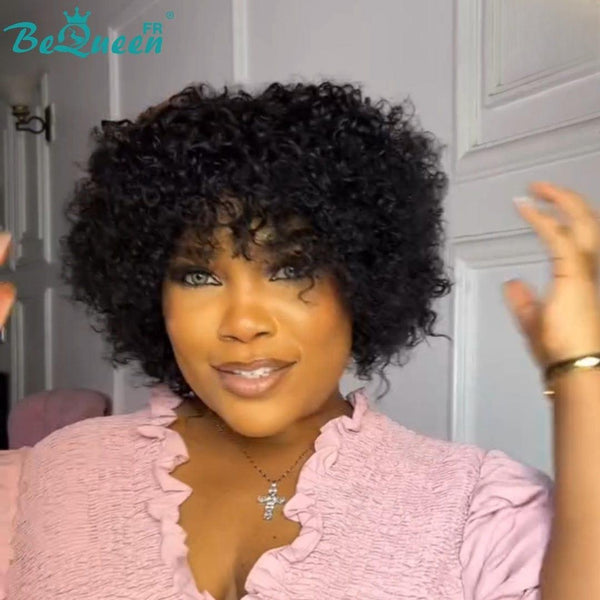 BeQueen "Uskin" Pixie Curly Hair Wig Black No Glue Half Price 