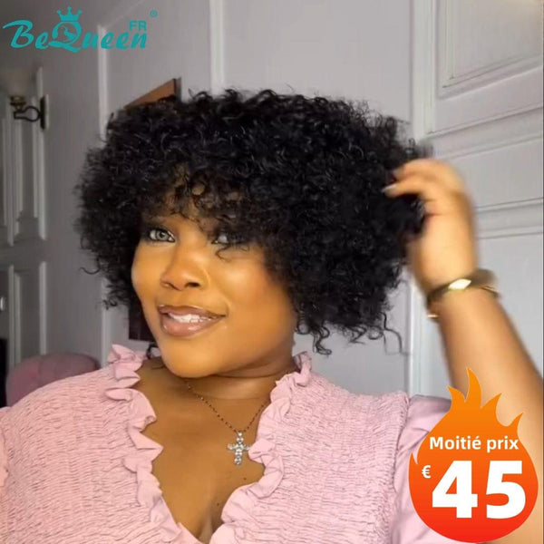 BeQueen "Uskin" Pixie Curly Hair Wig Black No Glue Half Price 