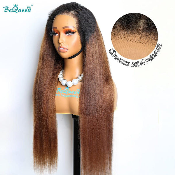 BeQueen "Venetia" Peruca Longa Borda Franjada Cache-Cabeça Kinky Liso com Fechamento de Renda 4x4