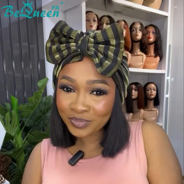 BeQueen “Sloval” Perruque lisse bandeau 10 pouces sans colle avec 1 chapeau 100% cheveux humains