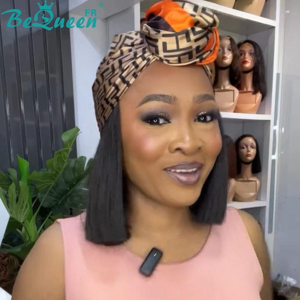 BeQueen “Sloval” Perruque lisse bandeau 10 pouces sans colle avec 1 chapeau 100% cheveux humains