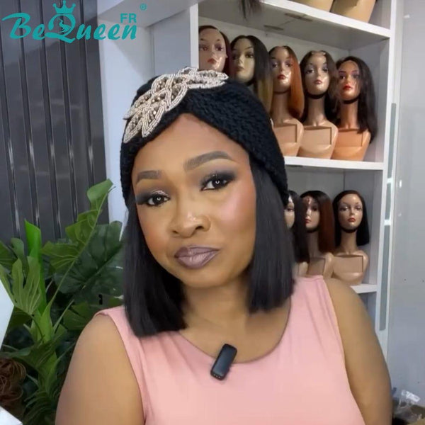 BeQueen “Sloval” Perruque lisse bandeau 10 pouces sans colle avec 1 chapeau 100% cheveux humains