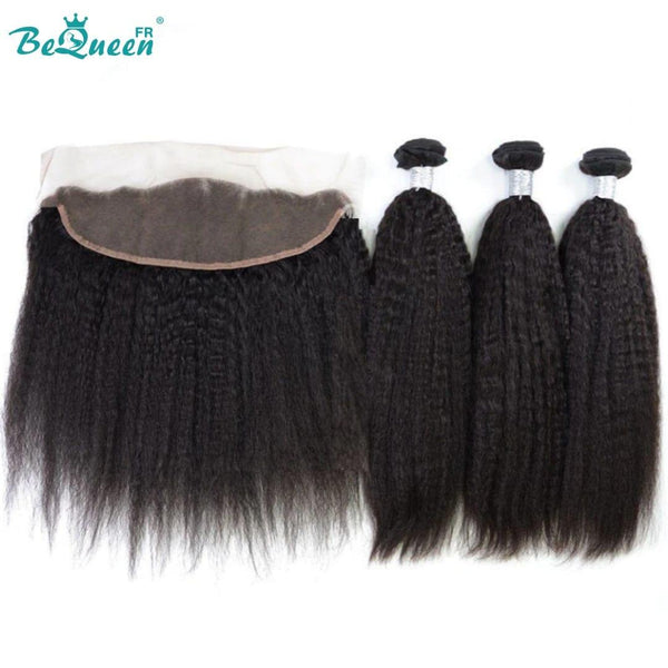 BeQueen Weaving Bundles Kinky Straight Indian Hair 100% Virgin Hair with Frontal/Closure 10A