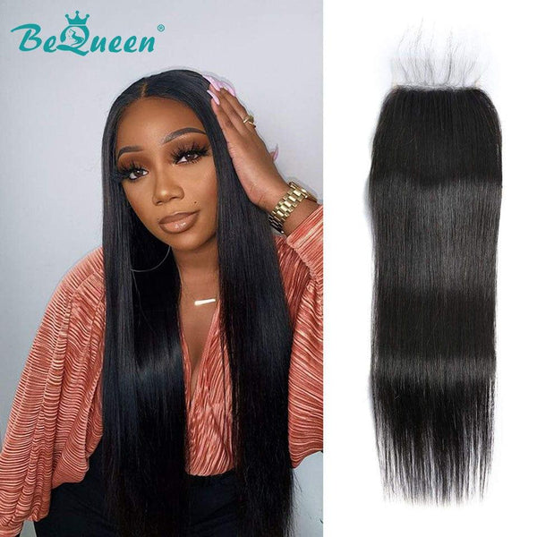 BeQueen Cierre de encaje 4x4 / 5x5 para cabello liso 100% cabello virgen, cierre 4x4 con base de seda. 