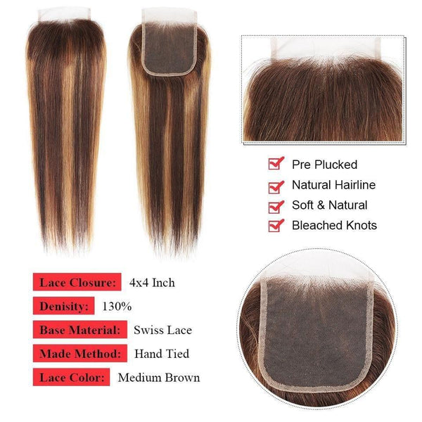 BeQueen Lace Closure 4x4 Glattes Haar, Farbe 4/27 