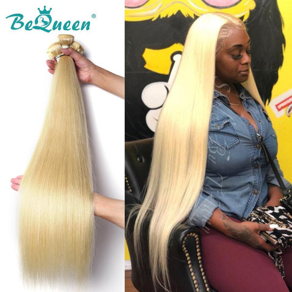 
BeQueen Paquetes de Tejido de Cabello Largo y Liso 100% Cabello virgen de Color Rubio #613 Longitud 12-34 pulgadas