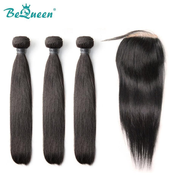 BeQueen Tissage Cheveux Lisses avec frontale/closure Cheveux Malaisiens 100% Cheveux vierges de types 8A