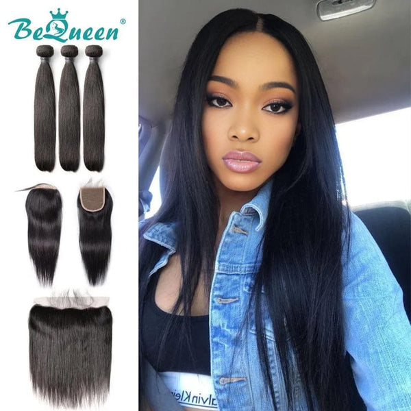 BeQueen glattes Haargewebe mit Frontal-/Verschluss, malaysisches Haar, 100 % reines Haar, Typ 8A 