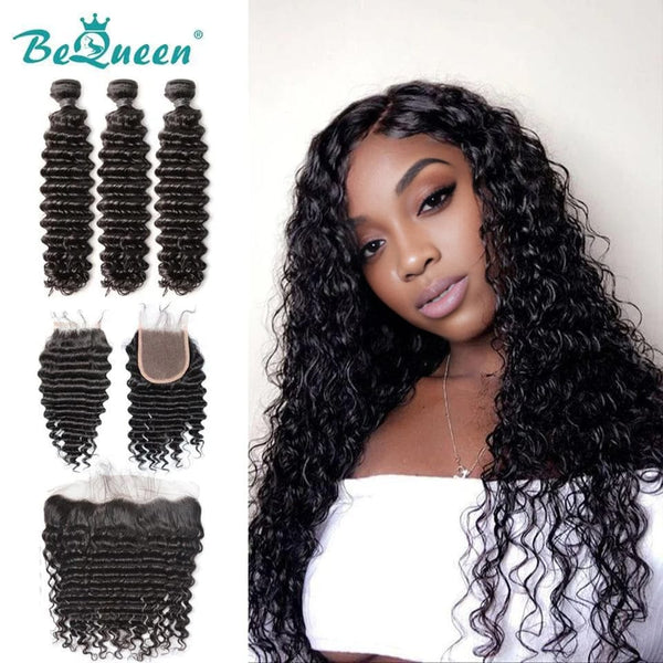 BeQueen Deep Wave Weave mit Frontal- oder Verschluss-Malaysischem Haar, 100 % reines Haar, Typ 8A 