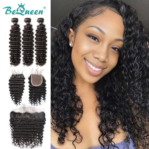 BeQueen Deep Wave Weave Bundles mit Frontal-/Verschluss, peruanisches Haar, 100 % reines Haar, Typ 8A 
