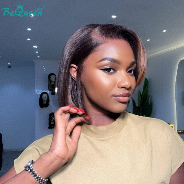 BeQueen “Bonnie” Layered Bob Wig Honey Brown Mix Color Lace Front 13*4 Black