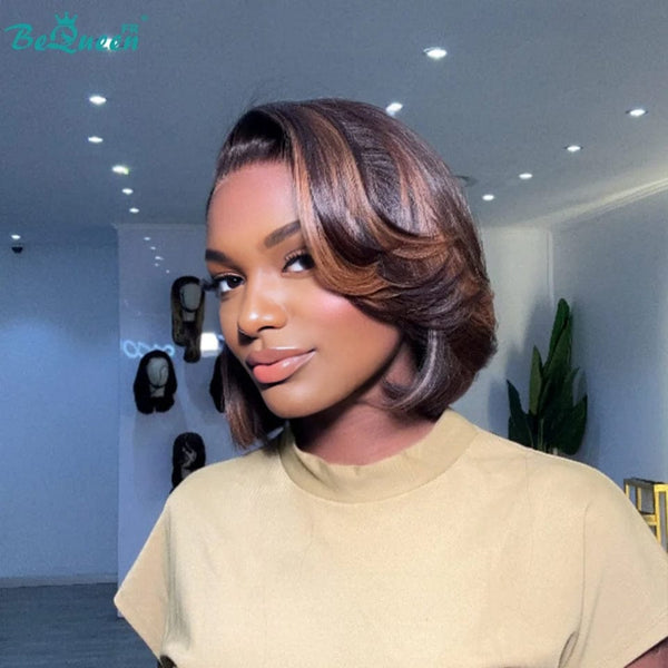 BeQueen “Bonnie” Layered Bob Wig Honey Brown Mix Color Lace Front 13*4 Black