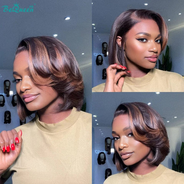 BeQueen “Bonnie” Layered Bob Wig Honey Brown Mix Color Lace Front 13*4 Black