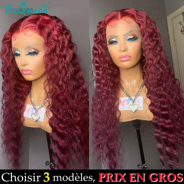 BeQueen Perruque Longue Frontale Deep Wave Rouge Bordeaux Prix En Gros