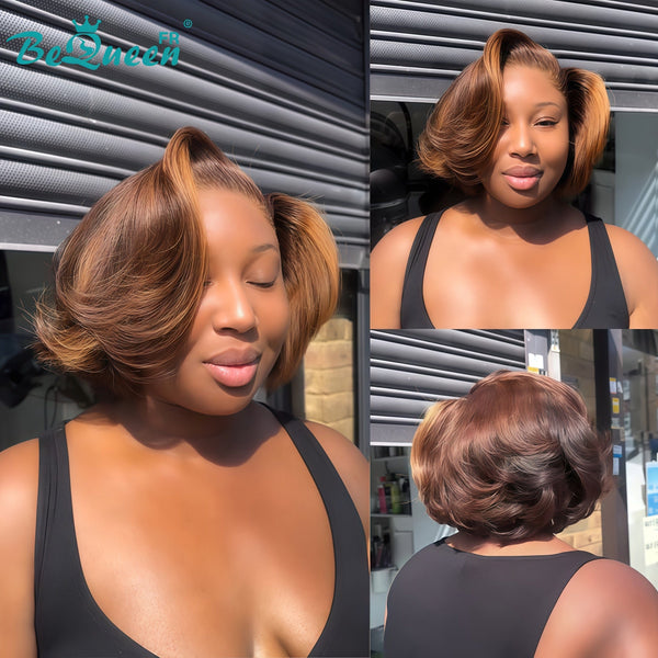 BeQueen Perruque “Organic” Bob en couche couleur Marron mix Miel à Dentelle frontale 13x4 Noir 300% densite