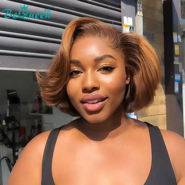 BeQueen Perruque “Organic” Bob en couche couleur Marron mix Miel à Dentelle frontale 13x4 Noir 300% densite