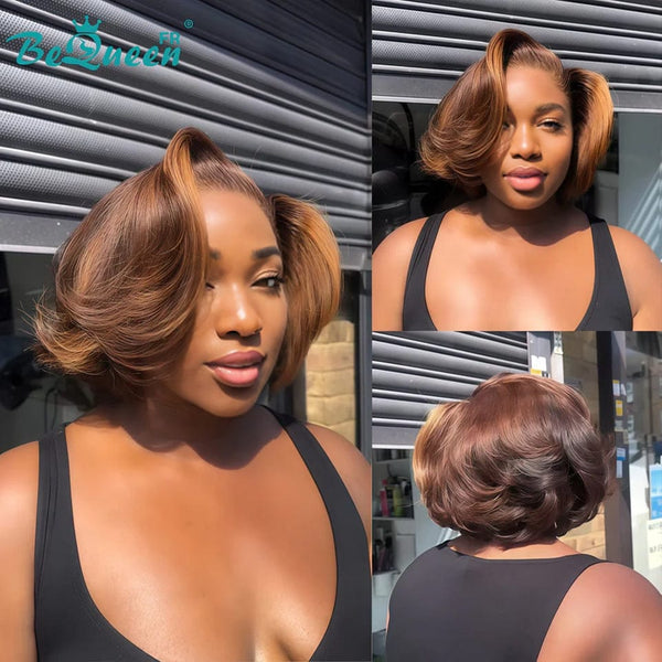 BeQueen Perruque “Organic” Bob en couche couleur Marron mix Miel à Dentelle frontale 13x4 Noir 300% densite