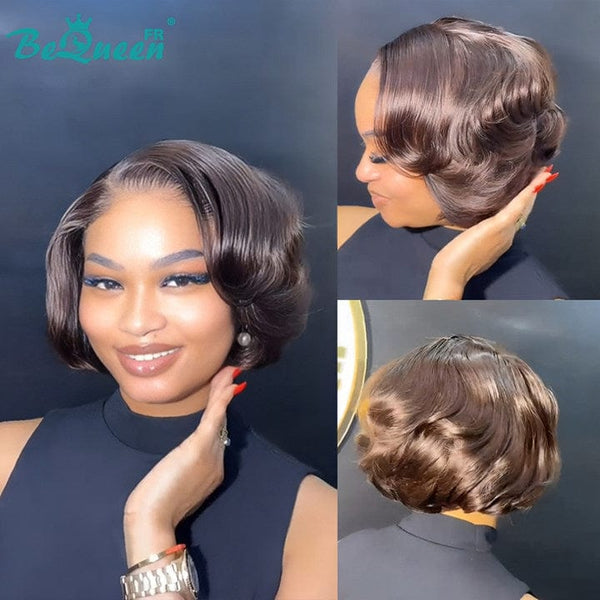 BeQueen Perruque “Yilly” Bob en couche couleur Marron foncel à Dentelle frontale 13x4 Noir 300% densite