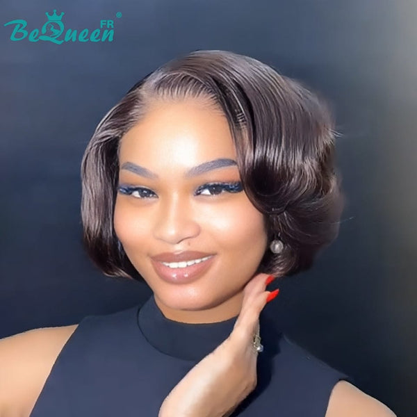 BeQueen Perruque “Yilly” Bob en couche couleur Marron foncel à Dentelle frontale 13x4 Noir 300% densite