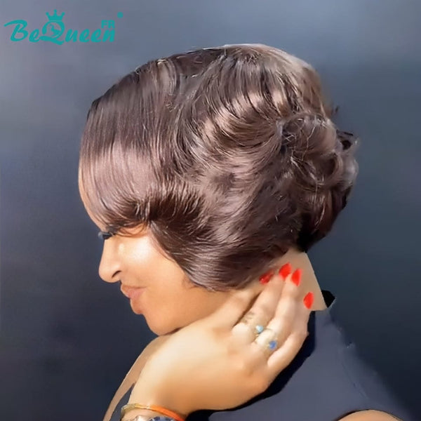 BeQueen Perruque “Yilly” Bob en couche couleur Marron foncel à Dentelle frontale 13x4 Noir 300% densite
