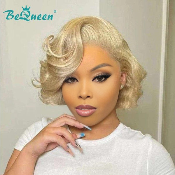Beuqeen Pixie Perücke T-Teil Naturwelle Blond 
