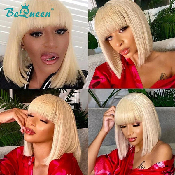 BeQueen Peruca Bob Colorida Corte Chinês Liso com Franja 100% fibra sintética à máquina