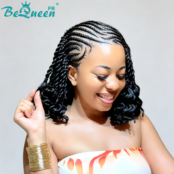 BeQueen “Unelle" Pixie-Perücke mit Twist-Zopf, ohne Lace/vollständige Lace, ohne Kleber, Stil 2