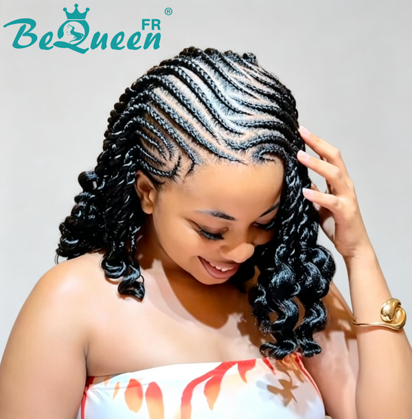 BeQueen “Unelle" Pixie-Perücke mit Twist-Zopf, ohne Lace/vollständige Lace, ohne Kleber, Stil 2