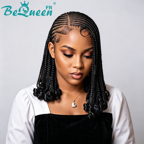 BeQueen “Kasai" Perruque bob curly avec Tresse avec lace pleine 100% cheveux humains sans colle style 4