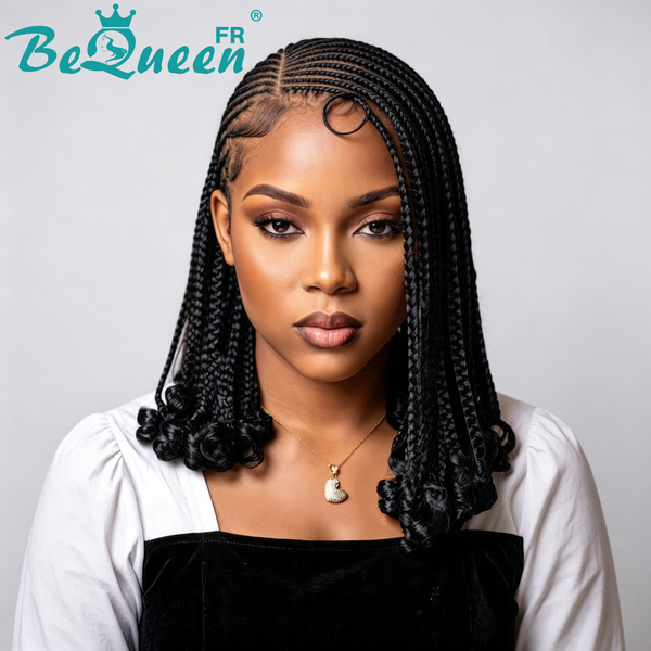 BeQueen “Kasai" Perruque bob curly avec Tresse avec lace pleine 100% cheveux humains sans colle style 4