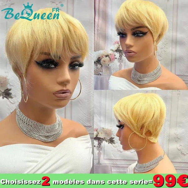 Bequeen 99€ = 2 „Sue“ Perücken Gerade Pixie Perücken mit Pony Blond zur Maschine 