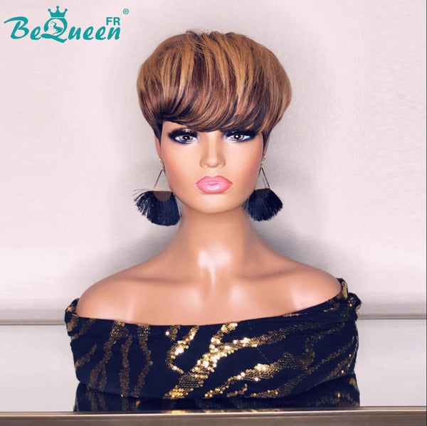 Bequeen 99€=2 perruques Perruques Pixie Lisse “Liz” Coupe boule Miel Châtain à la machine