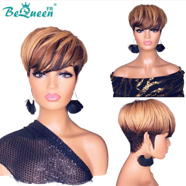 Bequeen 99€=2 perruques Perruques Pixie Lisse “Liz” Coupe boule Miel Châtain à la machine