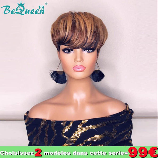 Bequeen 99€=2 perruques Perruques Pixie Lisse “Liz” Coupe boule Miel Châtain à la machine