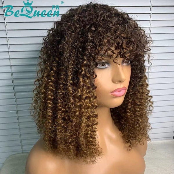 BeQueen Perruque Bob Kinky Curly avec Frange Racine Noir et Miel à la Machine