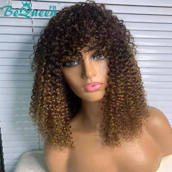 BeQueen Perruque Bob Kinky Curly avec Frange Racine Noir et Miel à la Machine