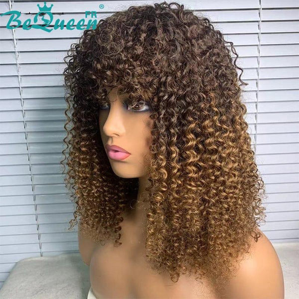 BeQueen Perruque Bob Kinky Curly avec Frange Racine Noir et Miel à la Machine