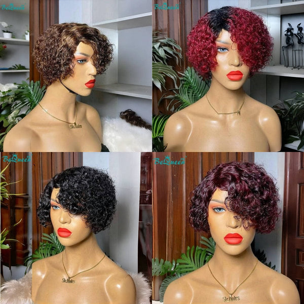 BeQueen Perruque “Nordica” pixie curly avec raie du côté sans colle 4 couleurs 100% cheveux humains