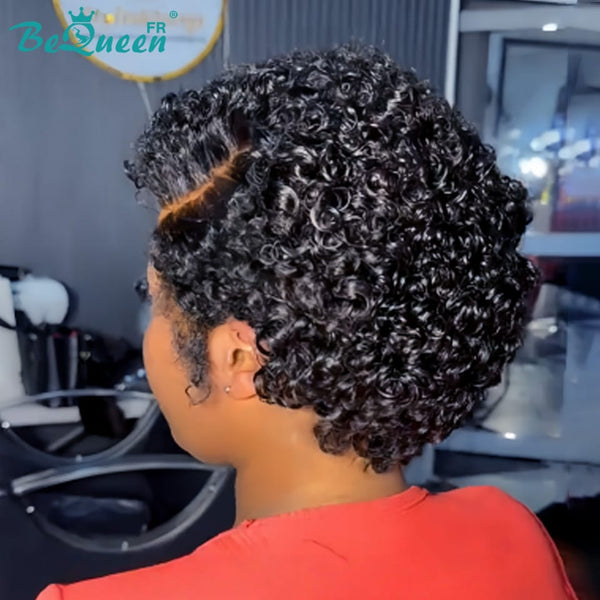BeQueen "Coco" Schwarze Perücke mit Lace Front, kinky-curly Pixie mit Seitenscheitel, 100 % Echthaar