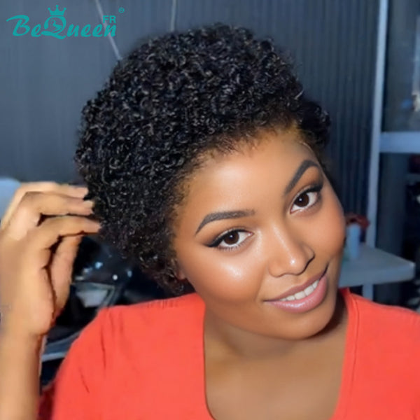 BeQueen "Coco" Schwarze Perücke mit Lace Front, kinky-curly Pixie mit Seitenscheitel, 100 % Echthaar