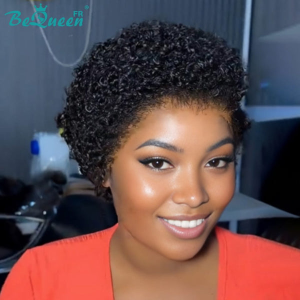 BeQueen "Coco" Schwarze Perücke mit Lace Front, kinky-curly Pixie mit Seitenscheitel, 100 % Echthaar