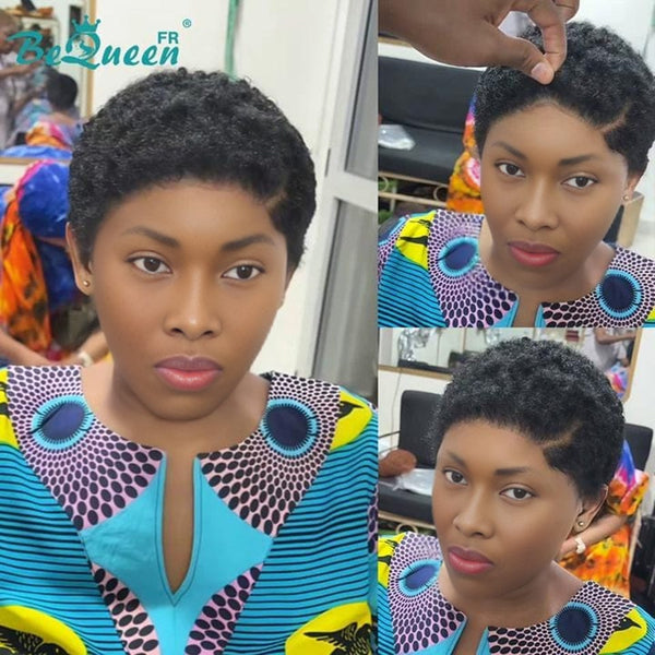 BeQueen "Edwina" Perruque court afro avec raie du côté avec Lace Frontale 13x4 sans colle
