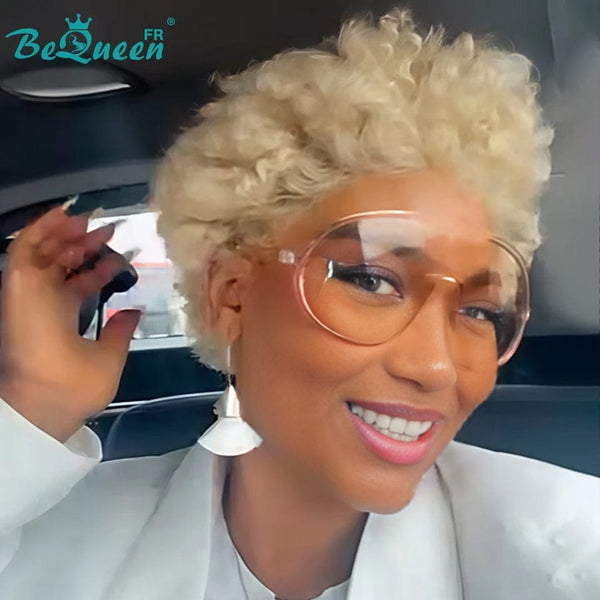 BeQueen "Edwina" Perruque court afro blonde avec Lace Frontale 13x4