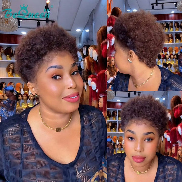 BeQueen "Edwina" Short Afro Wig Brown and Brown with 13x4 Lace Frontal Style 2