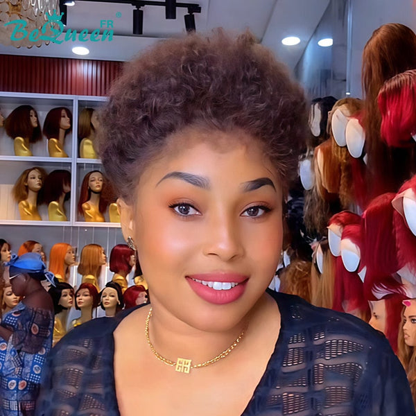 BeQueen "Edwina" Short Afro Wig Brown and Brown with 13x4 Lace Frontal Style 2