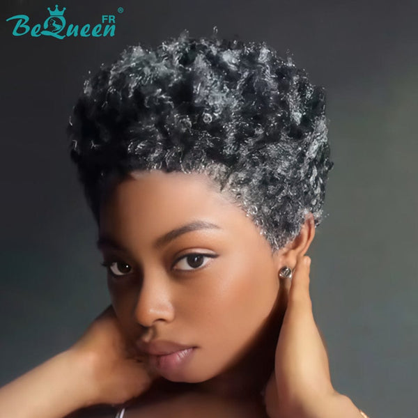 BeQueen "Edwina" Perruque court afro Couleur noir mix gris avec Lace Frontale 13x4
