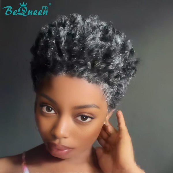 BeQueen "Edwina" Perruque court afro Couleur noir mix gris avec Lace Frontale 13x4