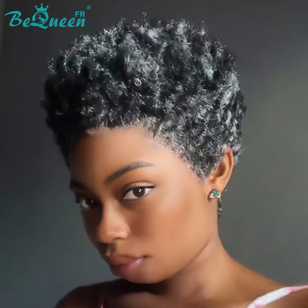 BeQueen "Edwina" Perruque court afro Couleur noir mix gris avec Lace Frontale 13x4
