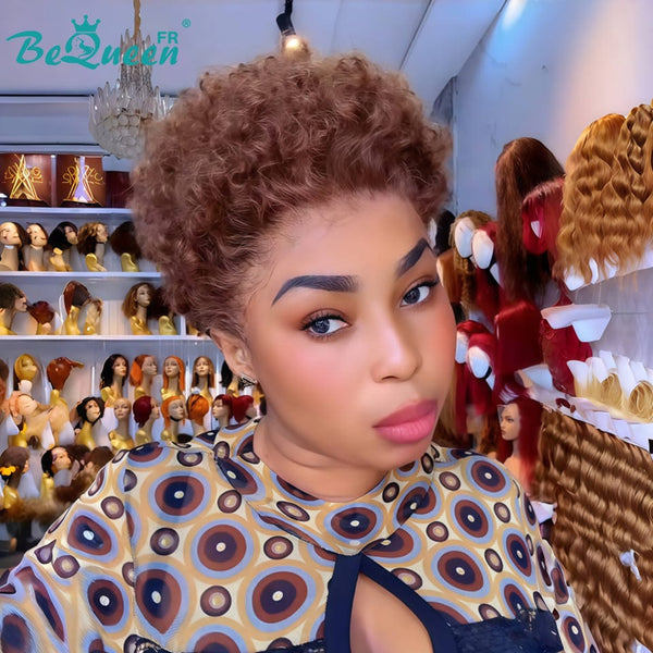 BeQueen "Edwina" Peluca corta afro Marrón y marrón con Lace Frontal 13x4 estilo 2