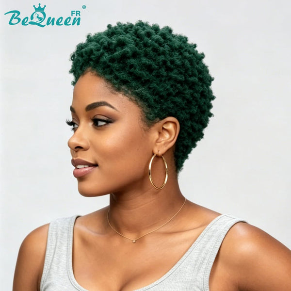 BeQueen "Edwina" Short Afro Wig, All Green, 13x4 Lace Front, Style 2
